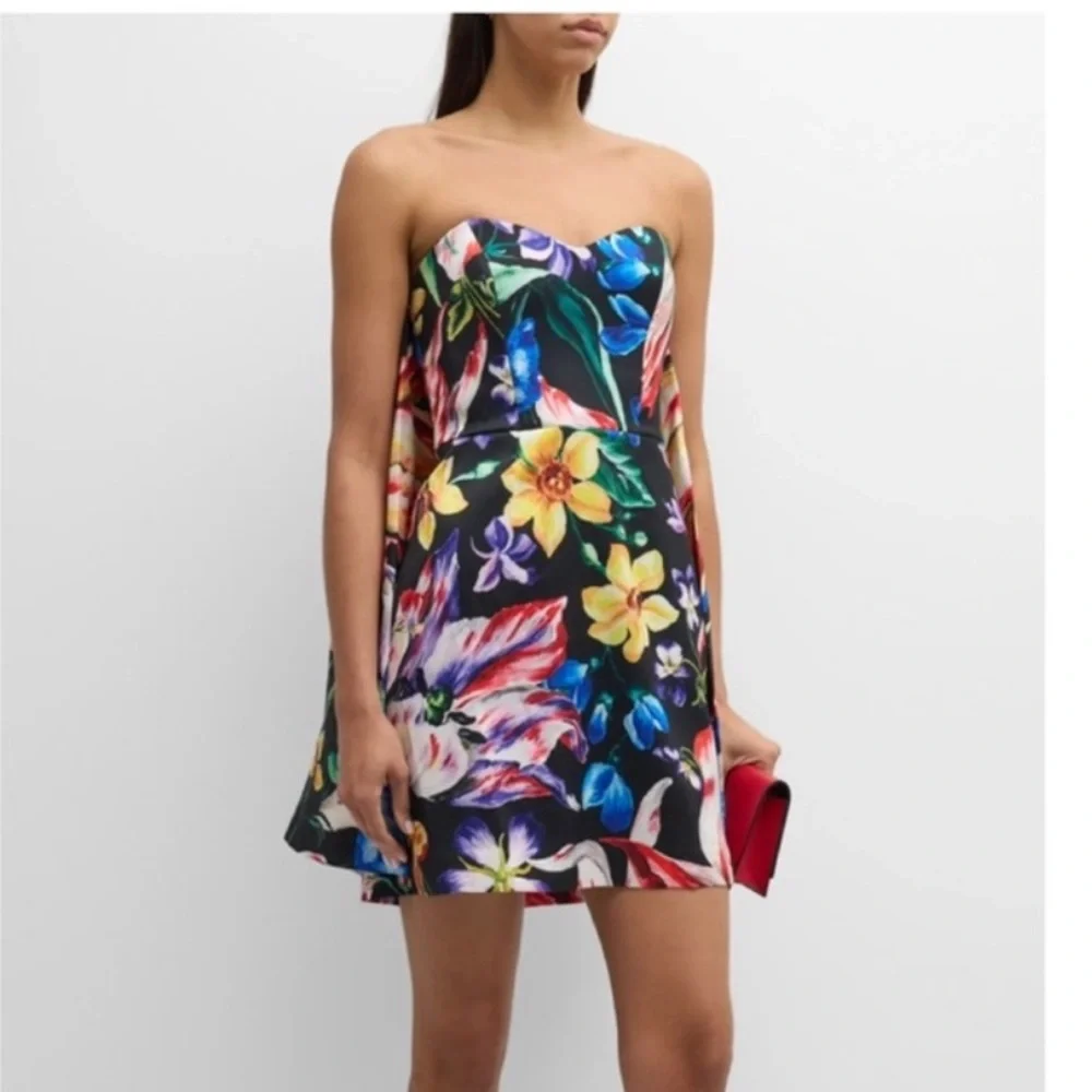 Marchesa Notte strapless cape mini dress in black multi - Picture 2 of 4